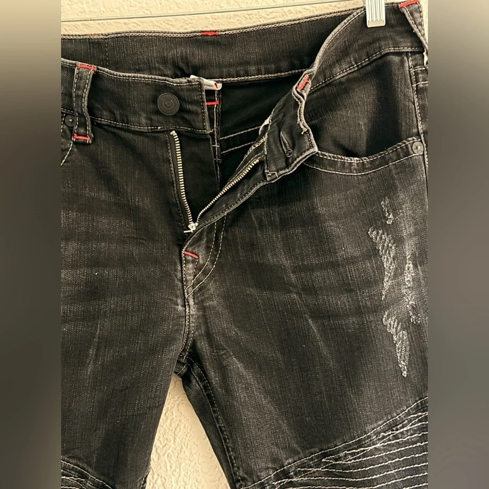 True Religion Skinny Moto Stitch Jeans Mens Black 34 W & 33 L